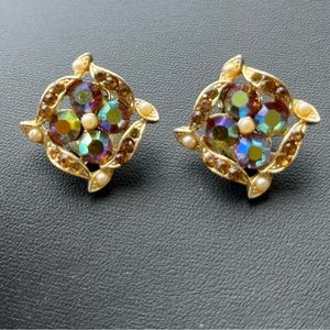Vintage Rainbow Rhinestone Gold Clip-on Earrings